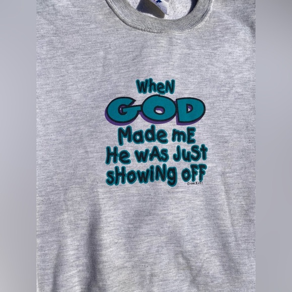 Vintage 90s Jerzees Heather Gray Novelty Religious Graphic Crewneck Sweater Med - Picture 3 of 5